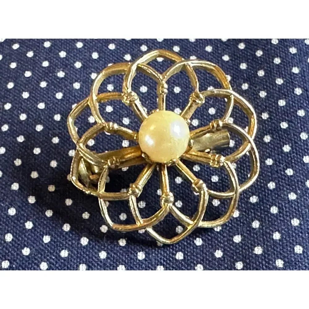 Gold-Tone Floral Pin With Single Pearl Center Vintage Openwork Design Estate